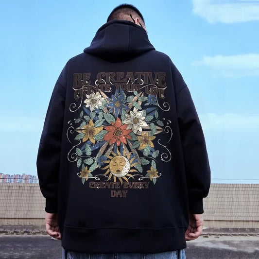 American Sun Moon Flower Print Oversized Hoodie Unisex