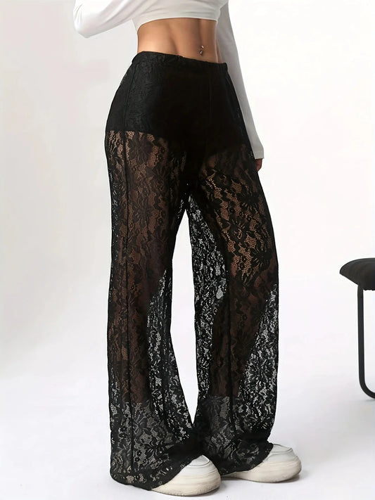 Lace Jacquard Micro Transparent Splicing Straight Leg Casual Pants