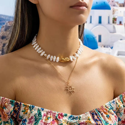 Baroque Irregular Imitation Pearl Sun Pendant Necklace