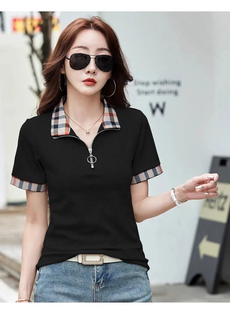 Polo Collar Checkered Short sleeved T-shirt Women's