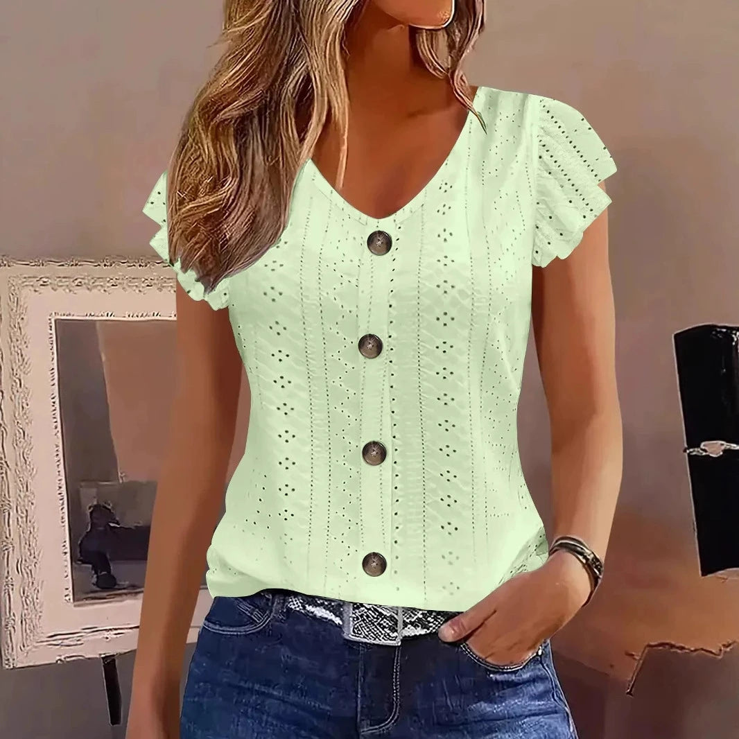 Ruffle sleeve V-neck T-shirt