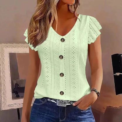 Ruffle sleeve V-neck T-shirt