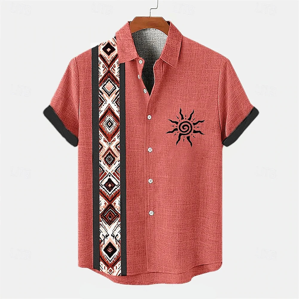 Men's retro linen shirt summer short sleeved patchwork pattern Shirt