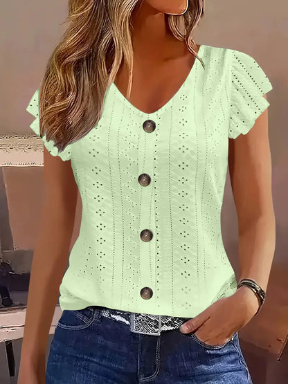 Ruffle sleeve V-neck T-shirt