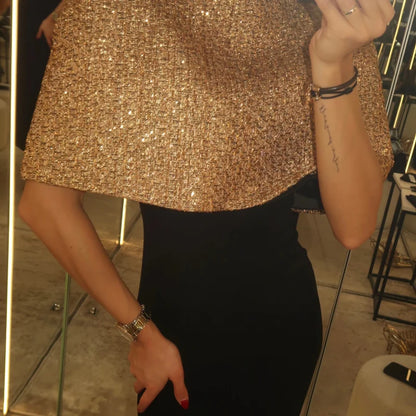 Capelet Shiny Tweed Shoulder Top