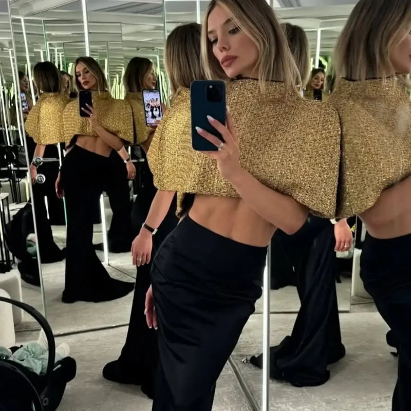 Capelet Shiny Tweed Shoulder Top