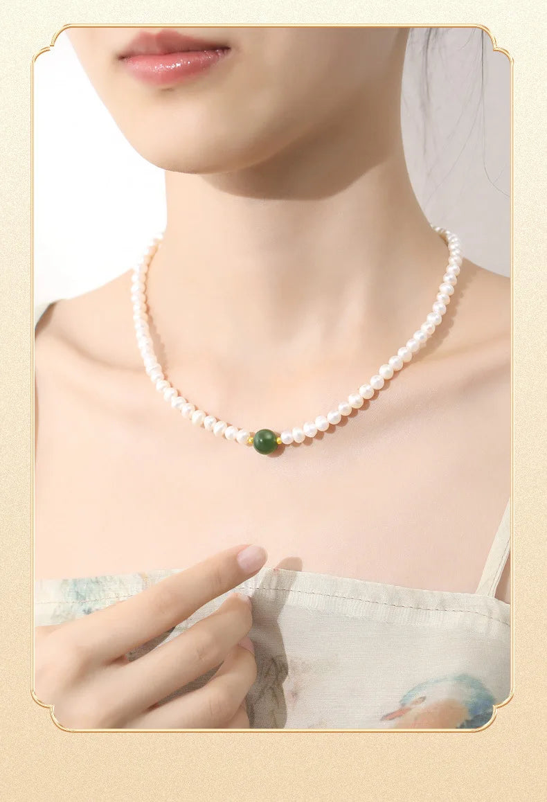 Pearl Chain Choker Green Beads Freshwater Necklace