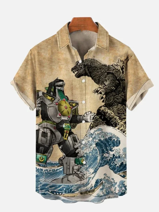 Monster with Mech Ocean Waves Short Sleeve Shirt