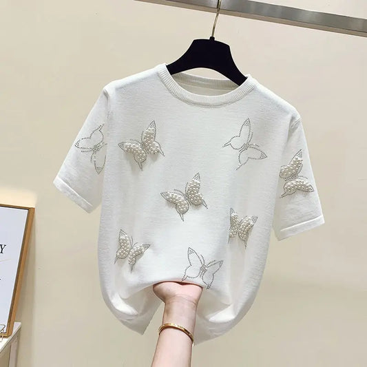 Chic Bow Knot Embroidered Flares T-shirt for Women