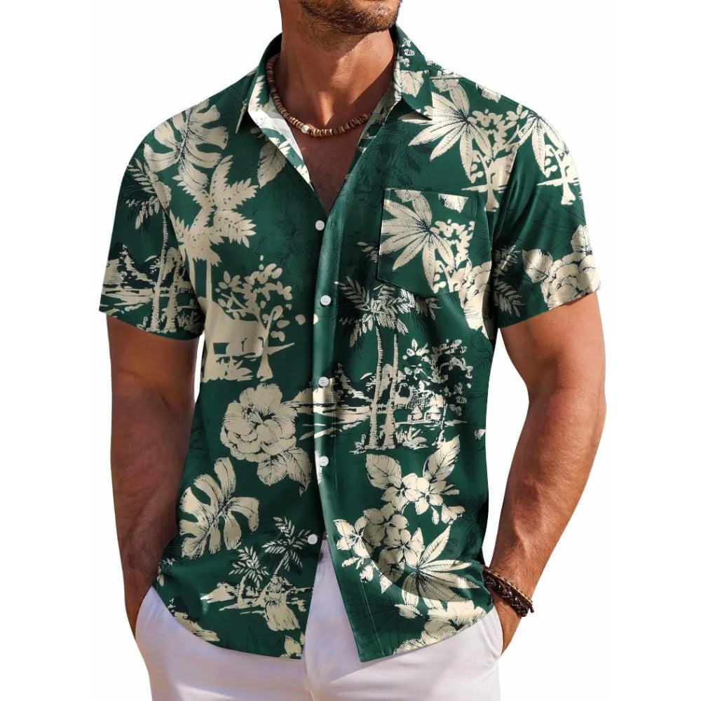 Hawaiian Botanical Flower Print Lapel Seaside Shirt