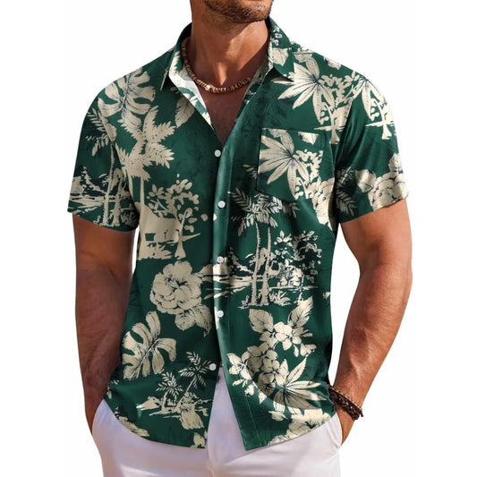 Hawaiian Botanical Flower Print Lapel Seaside Shirt