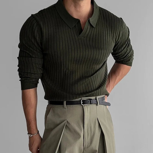 Retro Knit Lapel Striped Polo Shirt for Men
