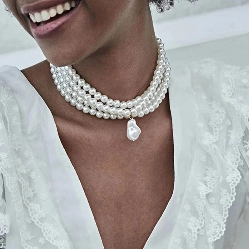 Classic Layered Strand Round Pearls Beads Necklace