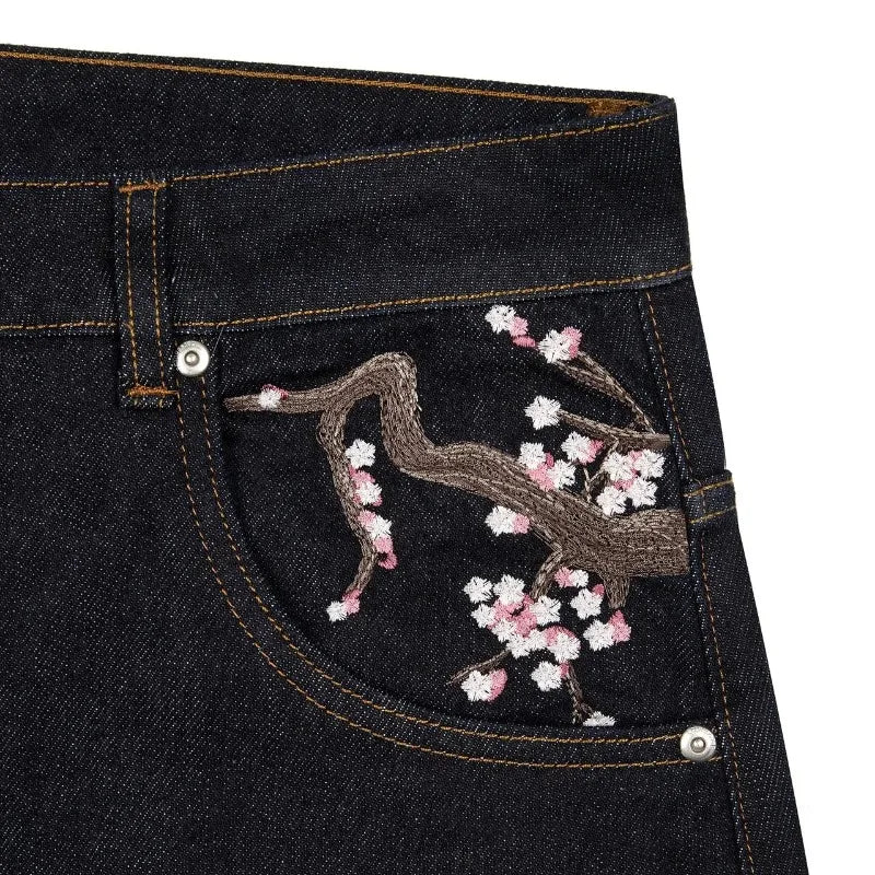 Cherry Blossom Selvedge Embroidery Denim Pants Unisex