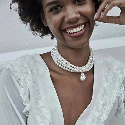 Classic Layered Strand Round Pearls Beads Necklace