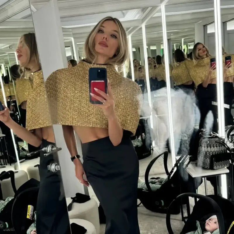 Capelet Shiny Tweed Shoulder Top