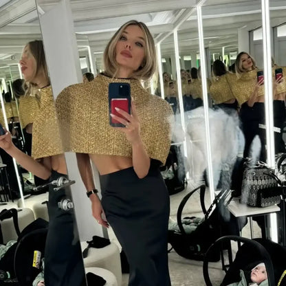 Capelet Shiny Tweed Shoulder Top