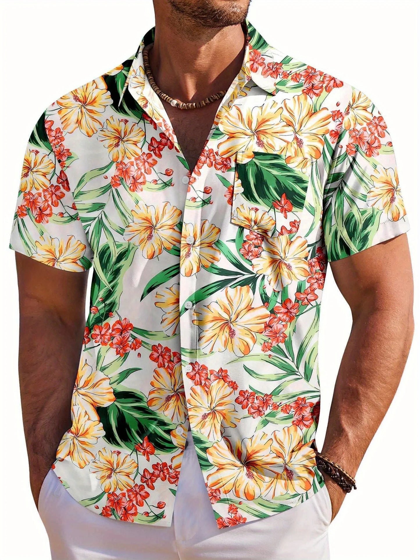 Hawaiian Botanical Flower Print Lapel Seaside Shirt