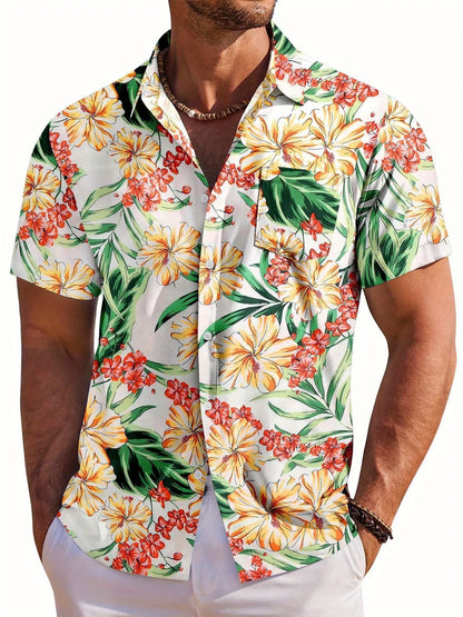 Hawaiian Botanical Flower Print Lapel Seaside Shirt