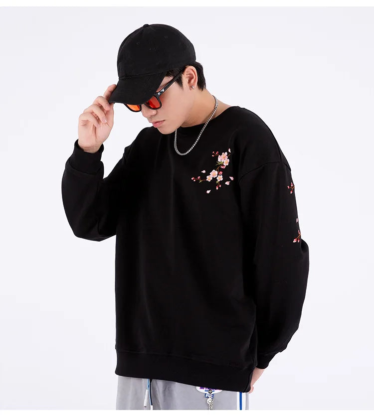Vintage Flower Embroidery Sweatshirt Hoodies men
