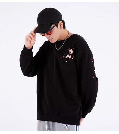 Vintage Flower Embroidery Sweatshirt Hoodies men
