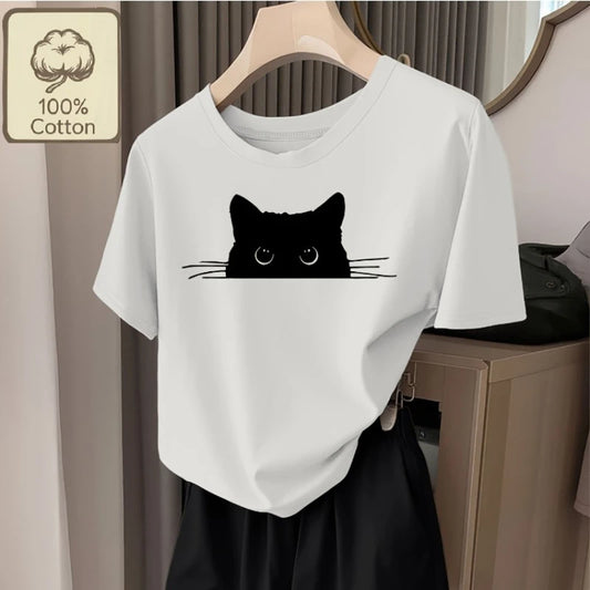 Black Cat Peeping Women Casual Round Neck T-shirt