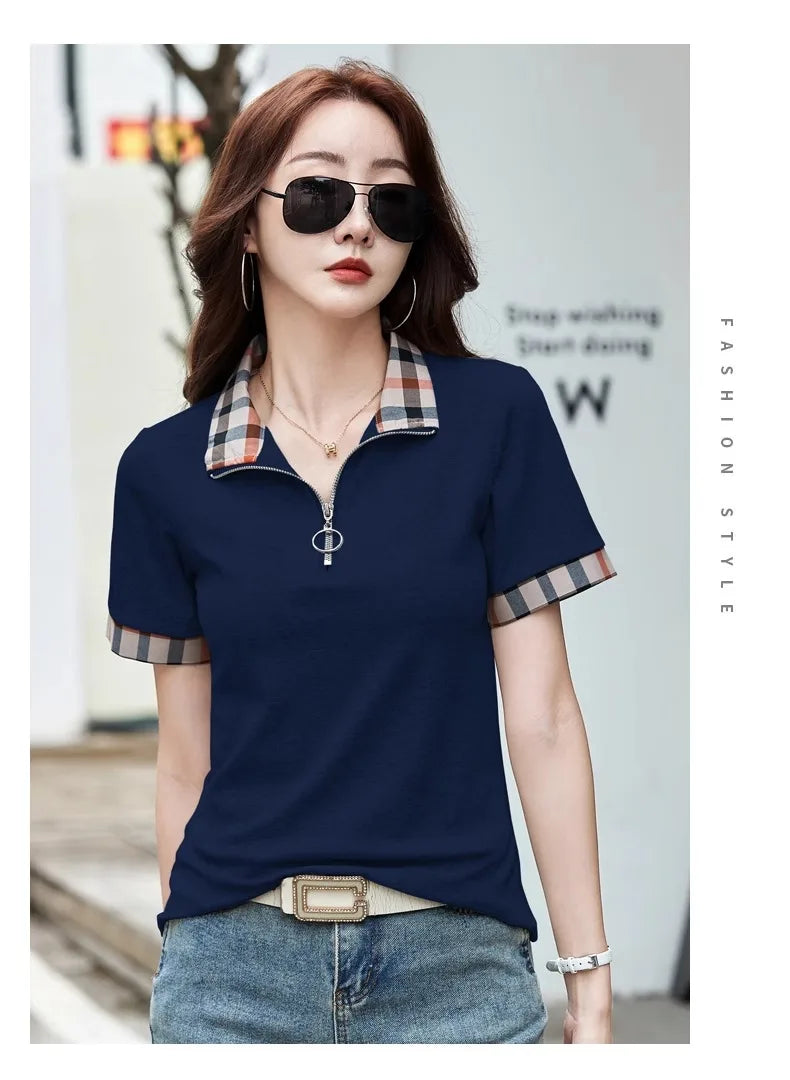 Polo Collar Checkered Short sleeved T-shirt Women's