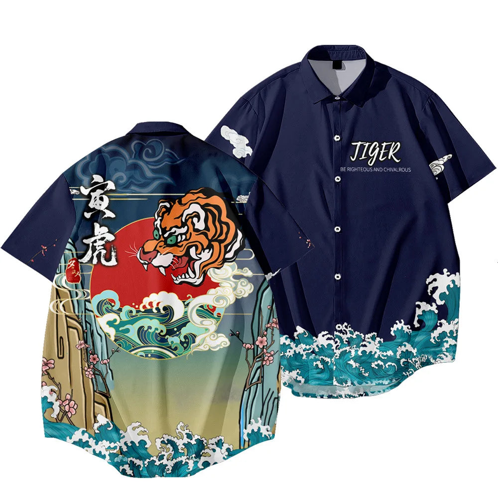 Black Dragon Tiger Print Ethnic Shirt