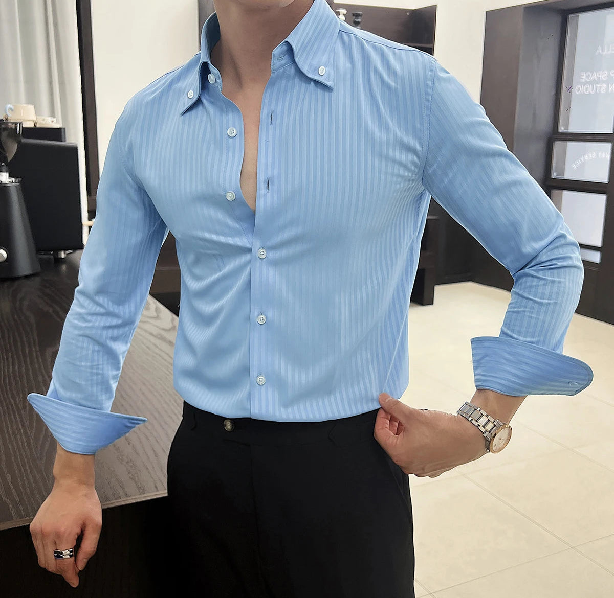 Dark striped slim-fit shirt