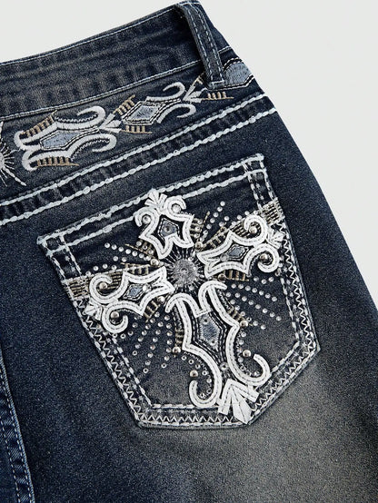 Retro Embroidered Cross Wing Flare Jeans for Women