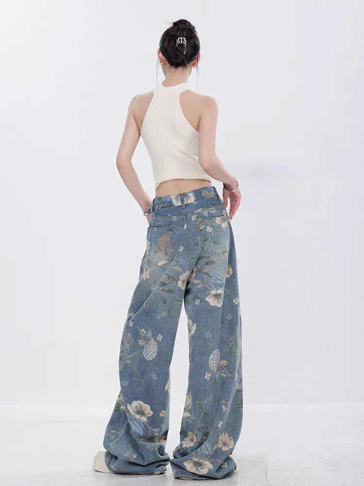 Women's Flower Print Baggy Jeans