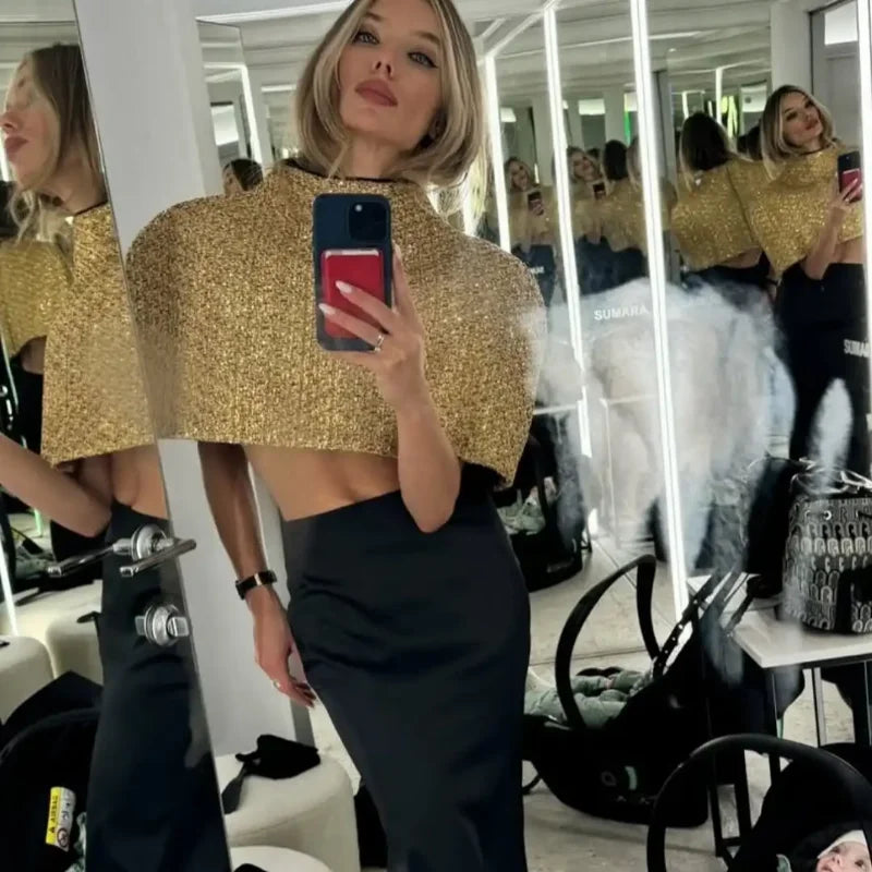 Capelet Shiny Tweed Shoulder Top