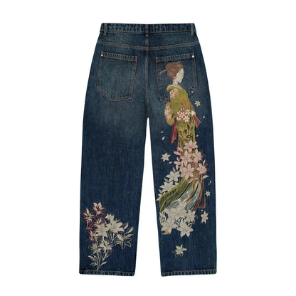 Cherry Blossom Selvedge Embroidery Denim Pants Unisex