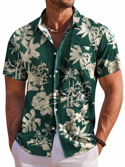 Hawaiian Botanical Flower Print Lapel Seaside Shirt