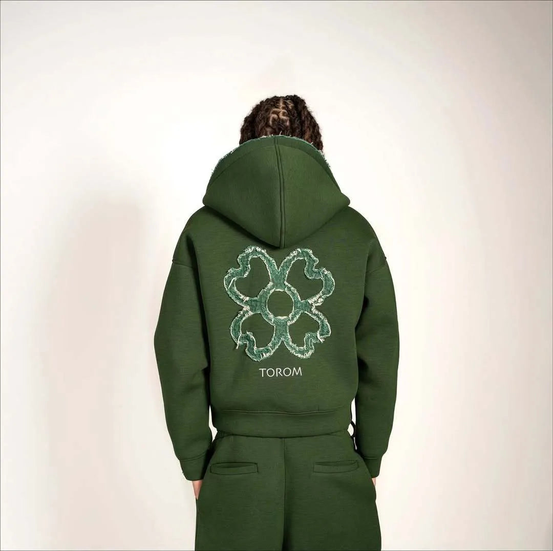 Olive Green Embroidered Zip Hoodie for Unisex