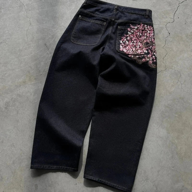 Cherry Blossom Selvedge Embroidery Denim Pants Unisex