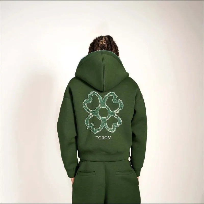 Olive Green Embroidered Zip Hoodie for Unisex