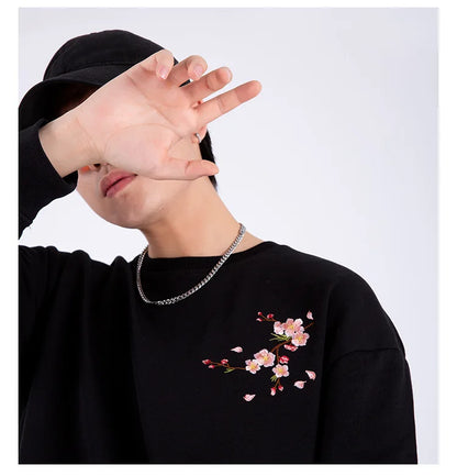 Vintage Flower Embroidery Sweatshirt Hoodies men