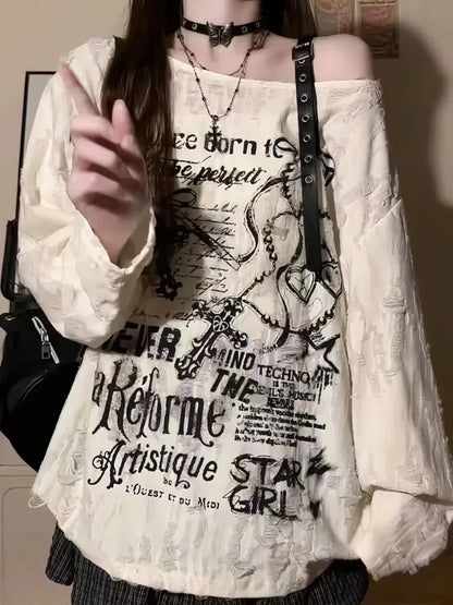 Oversize Off shoulder Ripped Baggy T-shirt