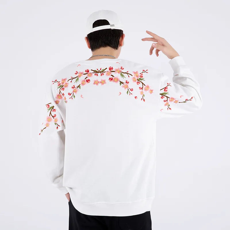 Vintage Flower Embroidery Sweatshirt Hoodies men