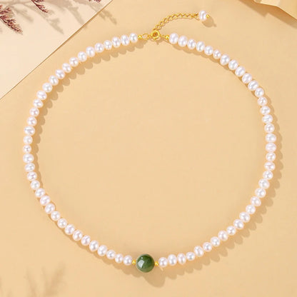 Pearl Chain Choker Green Beads Freshwater Necklace