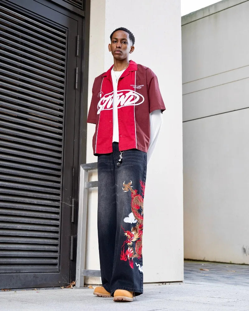 Graffiti Embroidery High Waist Men Jeans