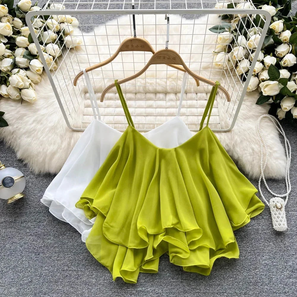 Spaghetti Straps Ruffle Corset Crop Top