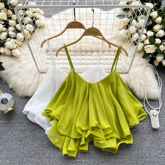 Spaghetti Straps Ruffle Corset Crop Top