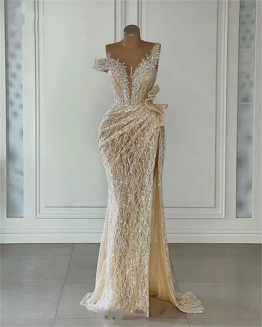 Sparkly Light Champagne Sequins Prom Gowns