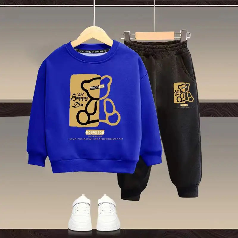 Cartoon Bear Printed Sweatshirt Pullover And Pants 2pcs Suit
