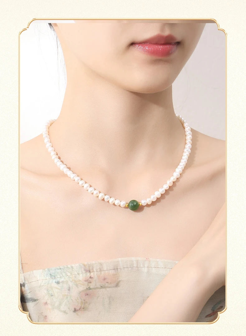 Pearl Chain Choker Green Beads Freshwater Necklace