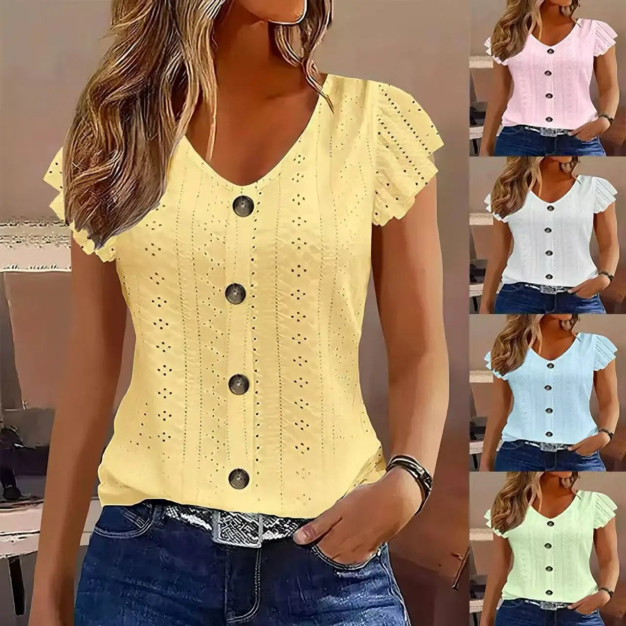 Ruffle sleeve V-neck T-shirt