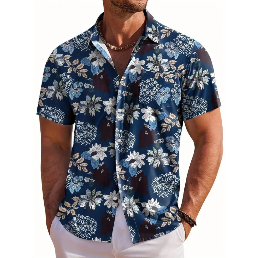 Hawaiian Botanical Flower Print Lapel Seaside Shirt