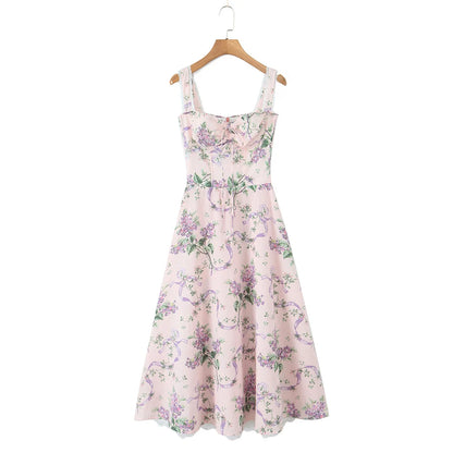Floral Print Fishbone Waist Spaghetti Straps Dress